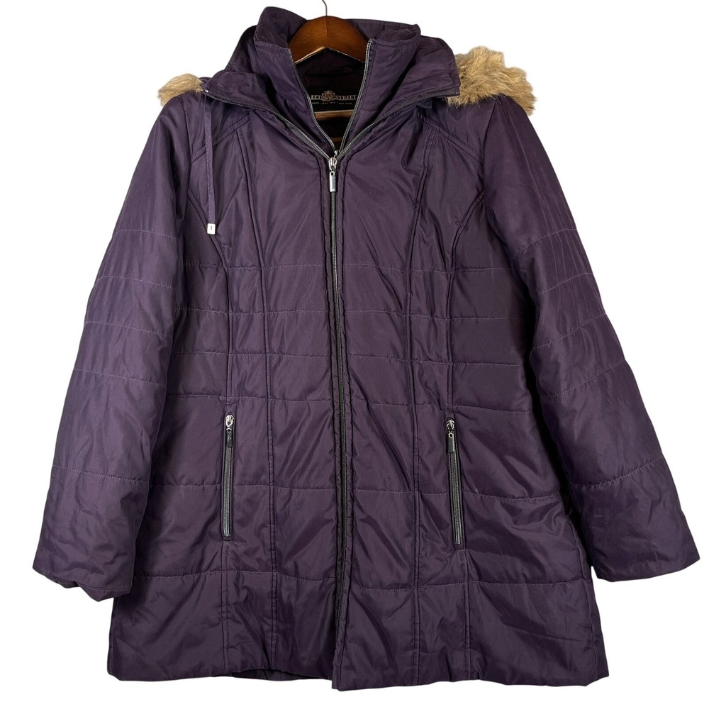 Fleet Street Womens 1X Purple Quilted Coat Faux Fur Hood Plus Size Winter Jacket